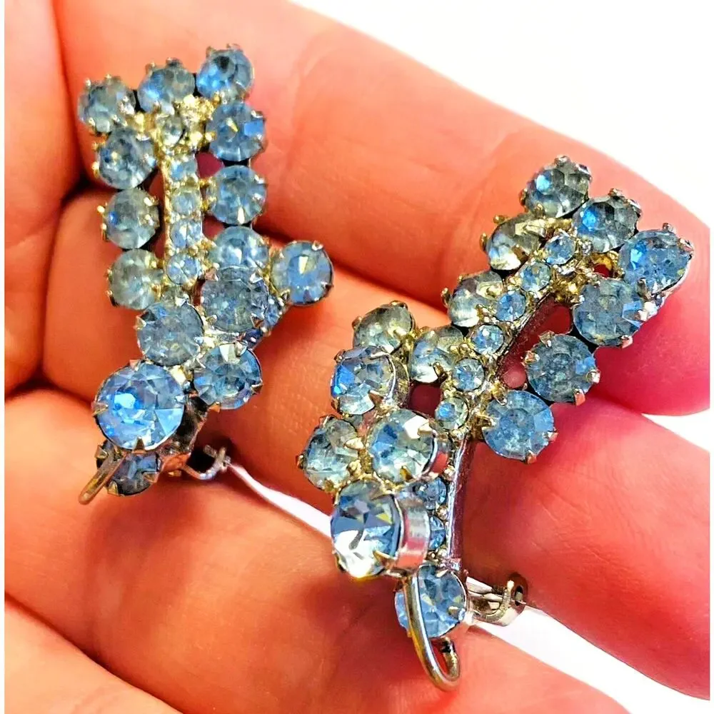 Vintage Clip On Earrings Silver & Light Blue Rhinestones Mid Century Jewelry